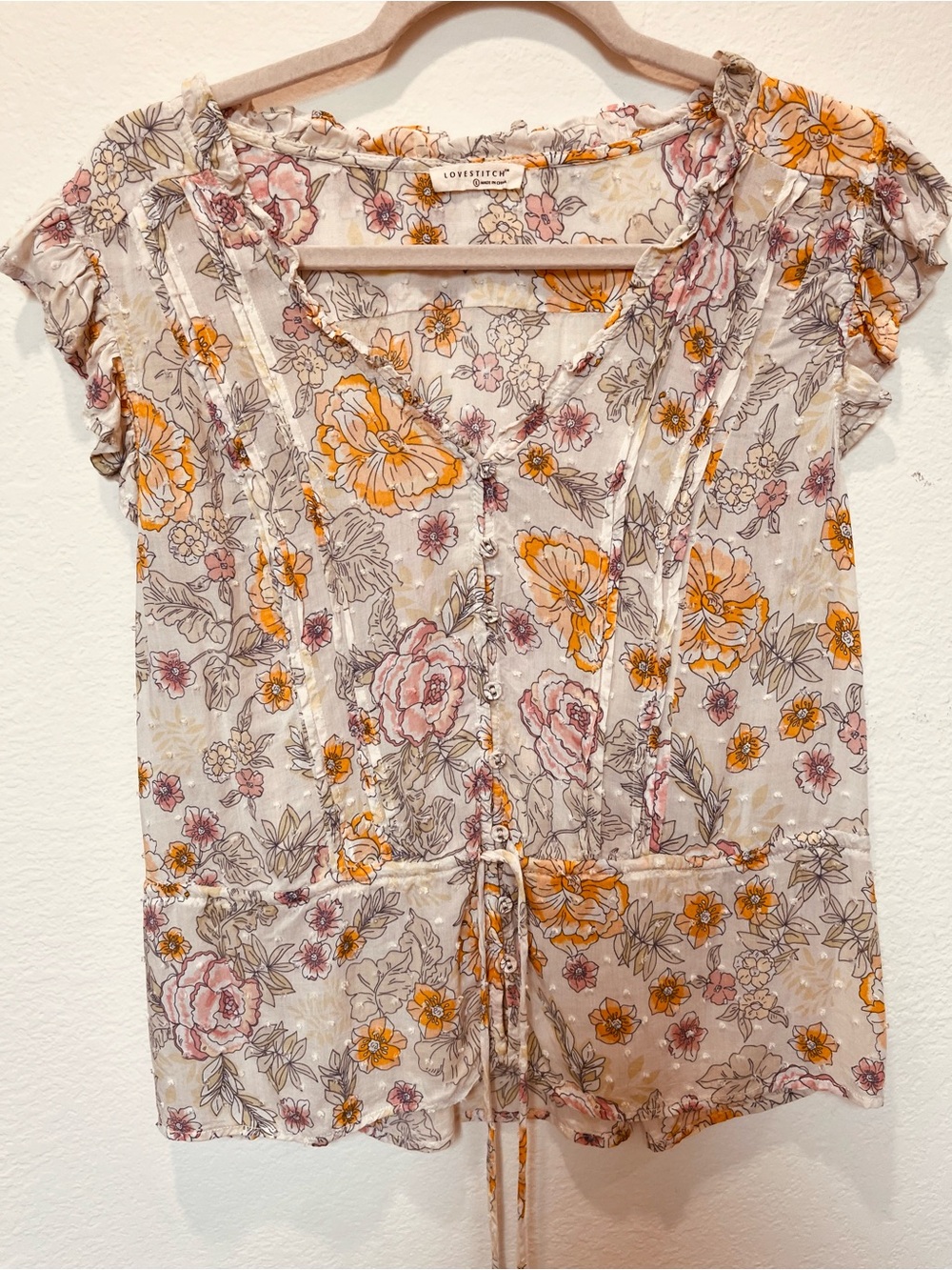 Lovestitch Cream Floral Drawstring Short Sleeve Top